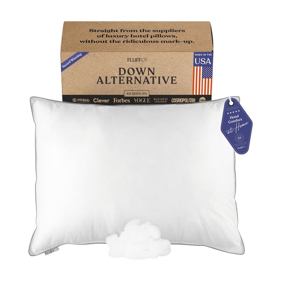 FluffCo White Down Alternative Pillow, 300 Thread Count, 100% Cotton Cover