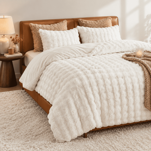 Fluffly Faux Rabbit Bubbleforter Set Queen Cream