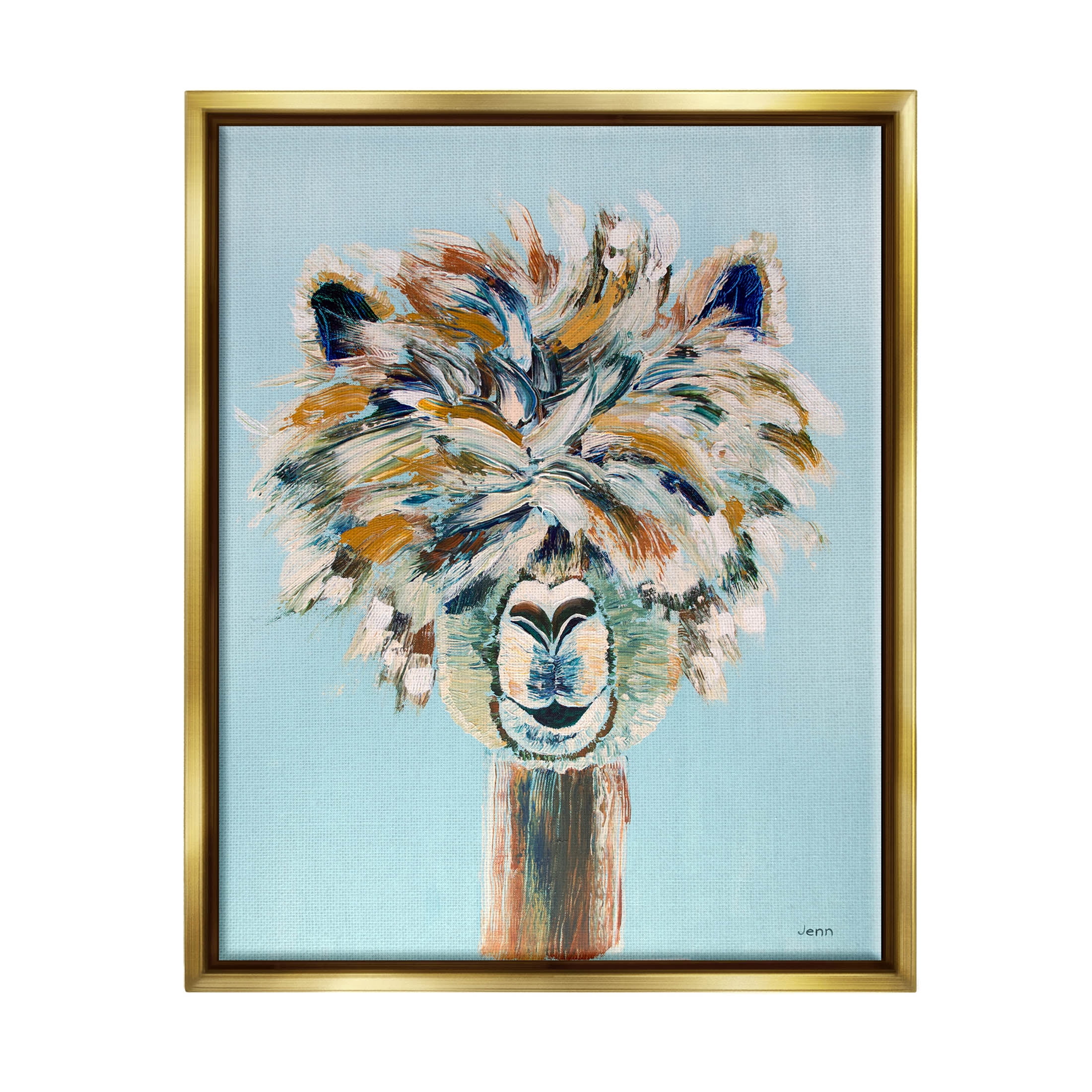 Fluffy Alpaca Happy Animal Animals & Insects Painting Metallic Gold Framed Art Print Wall Art