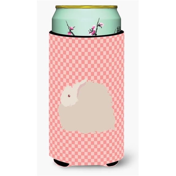 Fluffy Angora Rabbit Pink Check Tall Boy Beverage Insulator Hugger