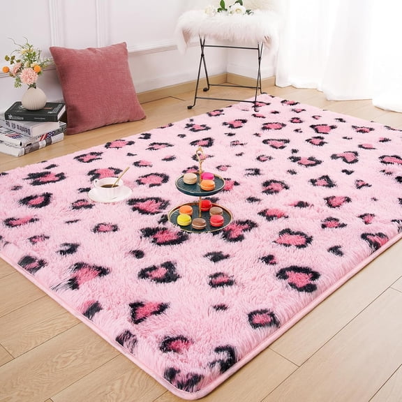 Fluffy Area Rug, Modern Shag Leopard Print Rugs Home Decor for Bedroom, Soft Comfy Faux Fur Cheetah Rugs for Teen Girls, Living Room, Plush Cheetah Print 70s Decor, Pink 4x6 Feet