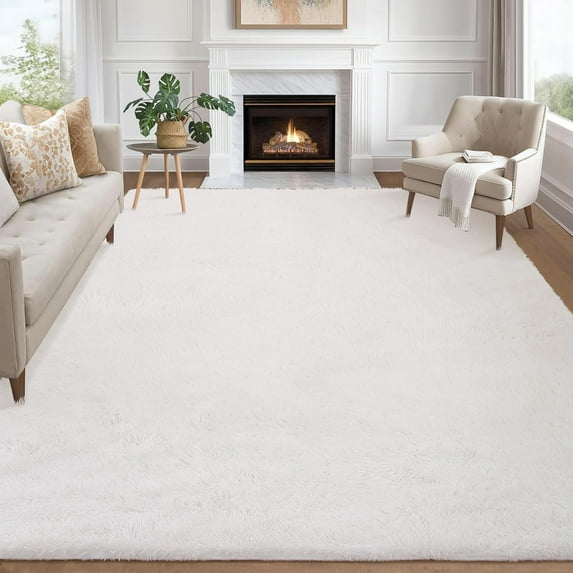 Fluffy Area Rug- Shag Area Rug for Living Room, Shaggy Large Indoor Thick Living Room Carpet with Non-Slip Backing, Soft Plush Fuzzy Carpet for Bedroom,6x9,White