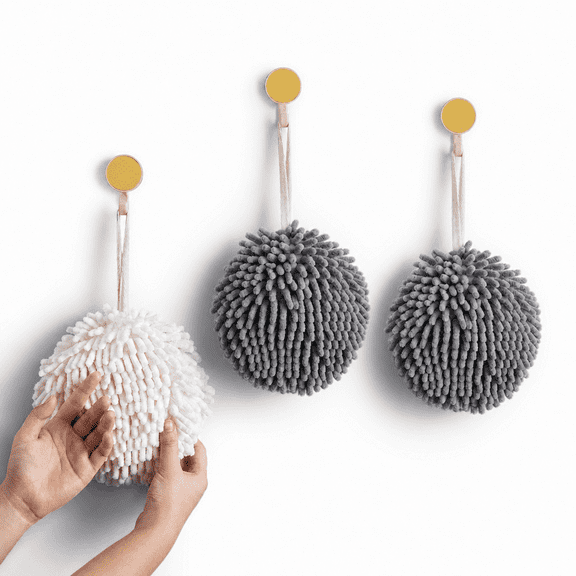 Fluffy Ball Chenille Hand Towel with Hanging Loop, Cozy Earth Fun Bath Towels, Decorative Bathroom Towels Set of 3 White & Gray, Instant Absorbent Creative Hand Towel for Bathroom Kitchen
