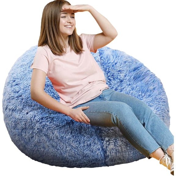 Fluffy Bean Bag Chair 3 Foot Round Memory Foam Filled Ultra Soft Faux Fur Blue