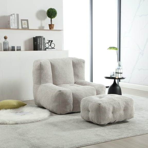 Fluffy Bean Bag Chair, Comfortable Bean Bag for Adults and Children, Super Soft Lazy Sofa Chair with Memory Foam and Ottoman, Indoor Modern Focus Bean Bag Chair for Living Room, Bedroom, Apartment