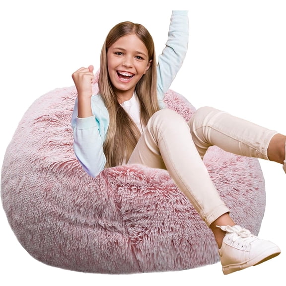 Fluffy Bean Bag Chair for Kids, 2.5FT Round Memory Foam Filled Bean Bag for Teens & Kids, Ultra Soft Faux Fur Fabric Bean Bag Chairs for Playroom, Living Room, Bedroom,Pink