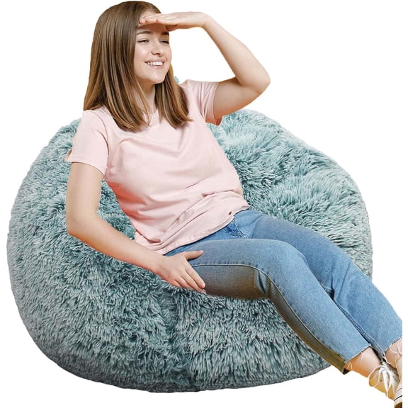 Fluffy Bean Bag Chair Medium Size 36 Inch Round Memory Foam Filled Ultra Soft Faux Fur Dark Green