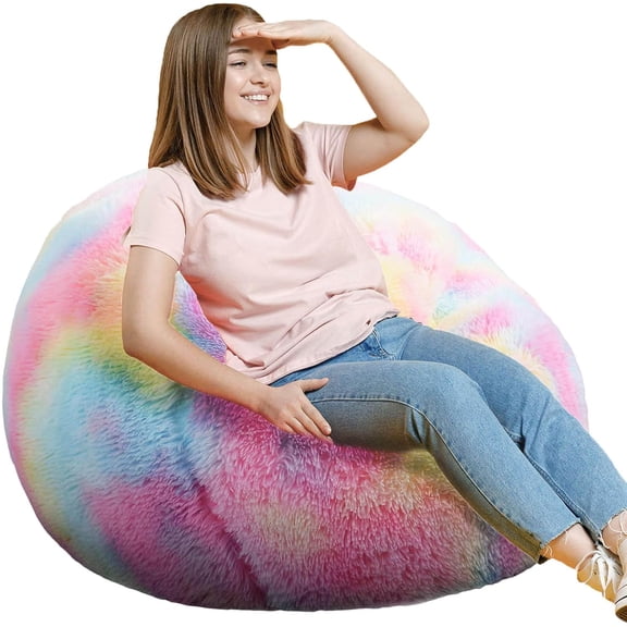 Fluffy Bean Bag Chair Medium Size Rainbow Memory Foam Filled Round 36 Inch