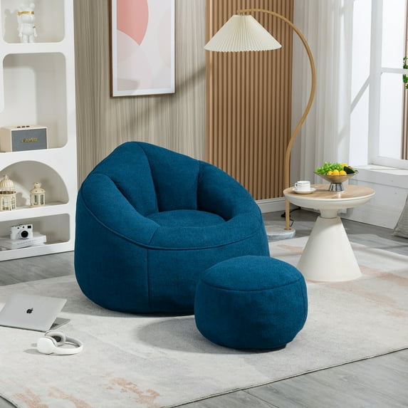 Accent Bean Bag Chair with Footrest,Comfy Upholstered Sofa Couch Chair for Living Room Bedroom, Easy to Move, Blue