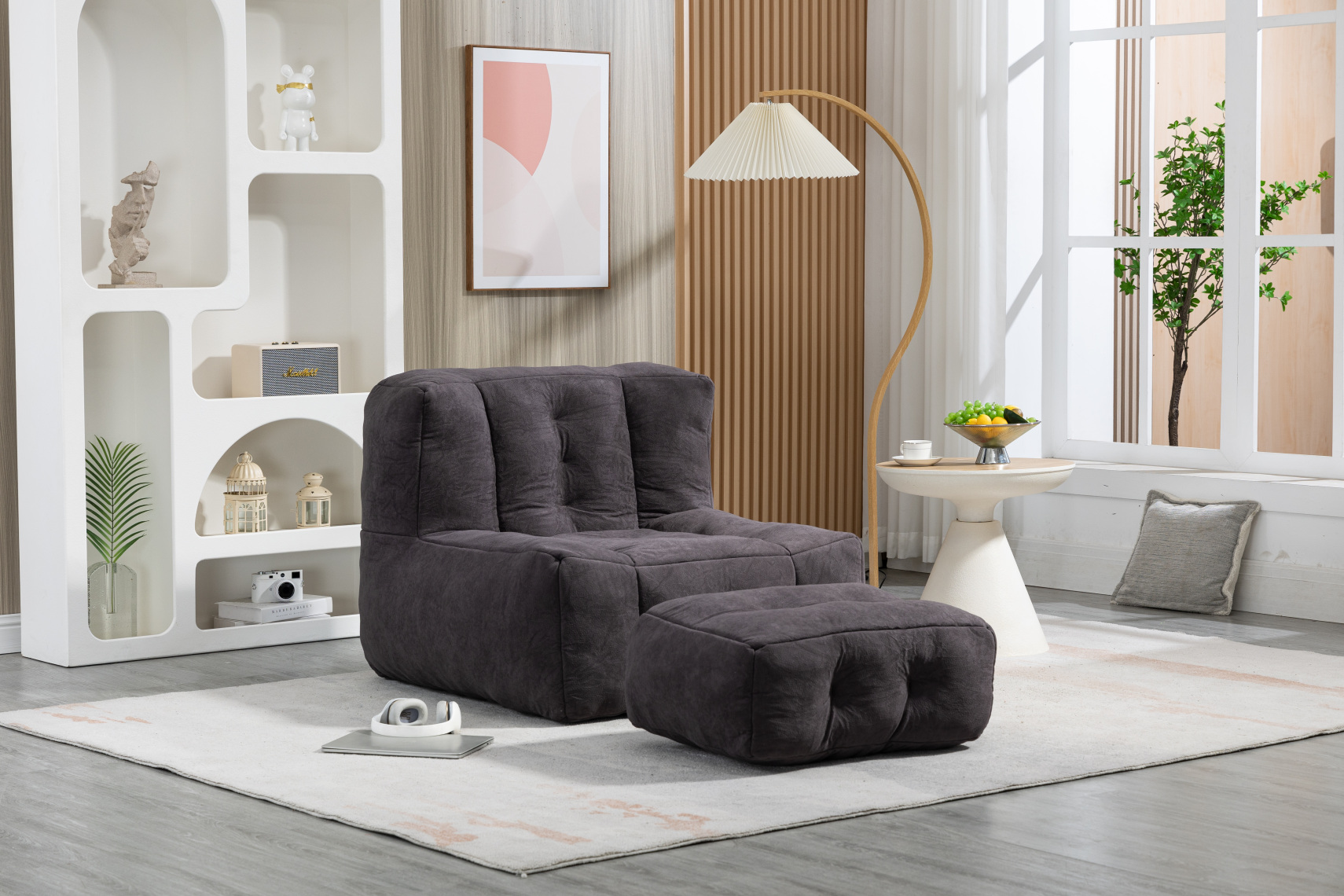 Fluffy Bean Bag Chair with Ottoman, Large Lazy Sofa with Memory Foam ...