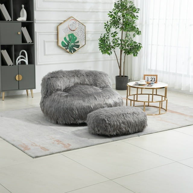 Fluffy Bean Bag Chairs with High Back, Modern Lazy Sofa Filled High-Density Foam, Lazy Sofa for Adults and Kids, Indoor,Gray