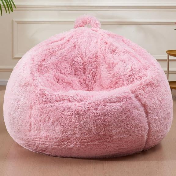 Fluffy Bean Bag for Stuffed Animals Storage, Faux Fur Washable Bean Bag Chair Cover(No Filler) for Textile Plush Toys, Beanbag Chair Cover for Adults Kids Teens, 7FT, Pink