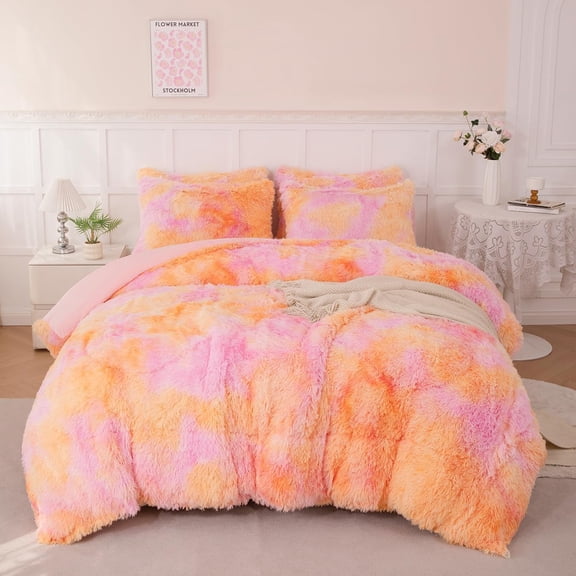 Fluffy Bedding Set Twin Size 3 Pieces Orange Pink Faux Fur Shaggy Comforter for Girls Teen Ultra Soft Cozy Velvet Fuzzy Furry Bed Set(Orange Pink, Twin)