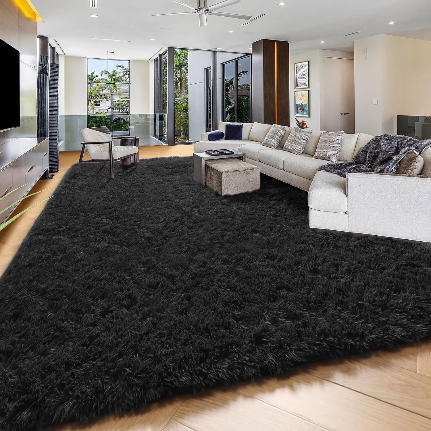 Fluffy Shaggy Black Area Mat - Plush Rugs for Living Room, Bedroom ...