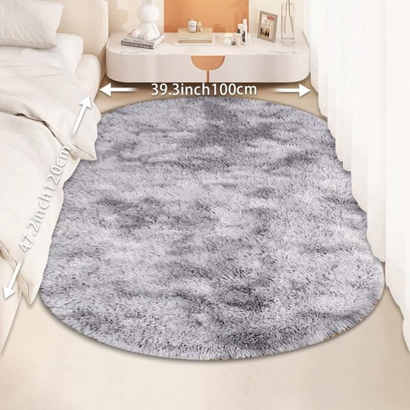 Fluffy Bedroom Rug, Small Oval Area Rugs, Gray Shag Bedside Carpet for Kids Room Nursery Dorm Cute Fuzzy Indoor Decor for Boy and Girl