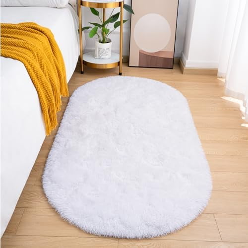 Fluffy Bedroom Rug, Small Oval Area Rugs, White Shag Bedside Carpet for Kids Room Nursery Dorm Cute Fuzzy Indoor Decor for Boy and Girl, 2.6 x 5.3 Feet