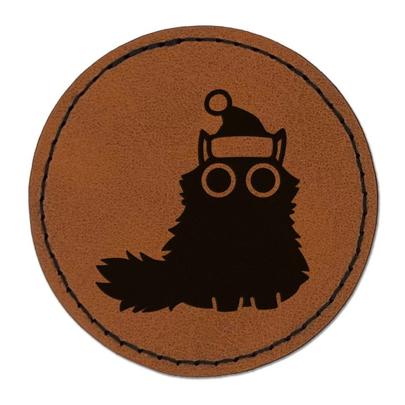 Fluffy Black Cat Santa Hat Christmas 2.5" Faux Leather Round Engraved Iron-On Patch - Brown