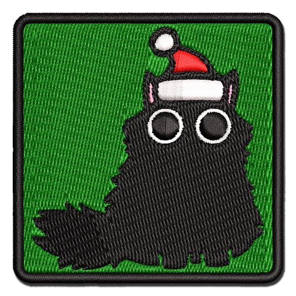 Fluffy Black Cat Santa Hat Christmas Applique Multi-Color Embroidered Iron-On Patch - 2.0 Inch Mini