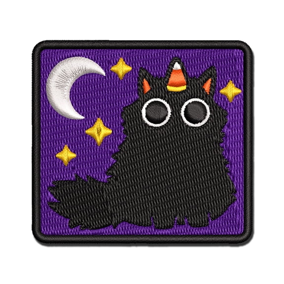 Fluffy Black Cat with Candy Corn Unicorn Horn Halloween Applique Multi-Color Embroidered Iron-On Patch - 2.0 Inch Mini