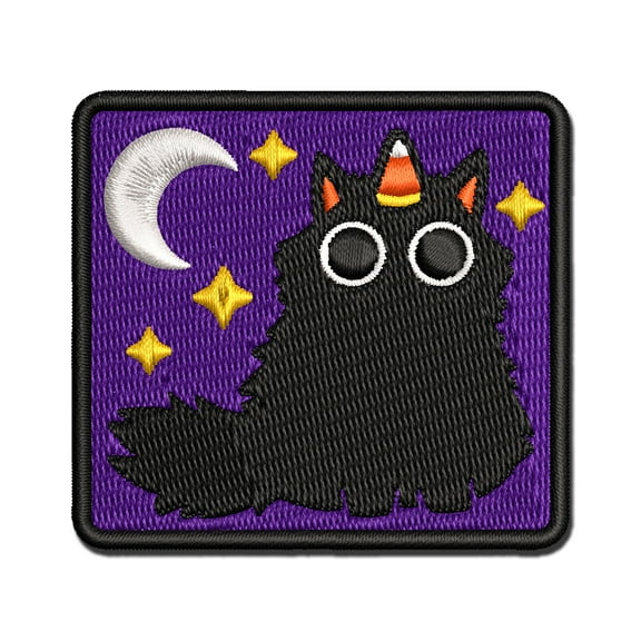 Fluffy Black Cat with Candy Corn Unicorn Horn Halloween Applique Multi-Color Embroidered Iron-On Patch - 3.5 Inch Large