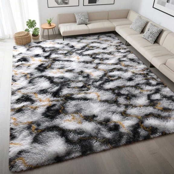 Fluffy Black White Gold Rugs for Bedroom Living Room, 6x9 Large Soft Plush Shaggy Tie-Dyed Girls Boys Kids Rug, Upgraded Non-Slip and Machine Washable Carpet for Dorm Nursery Classroom Decor