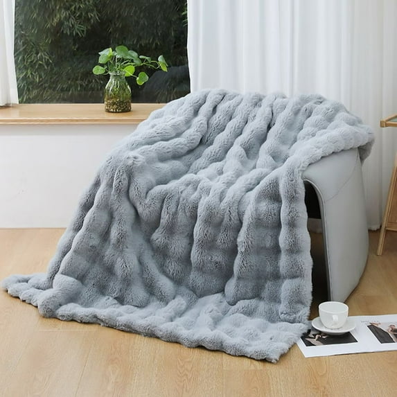 Fluffy Blanket for Couch Soft Luxury Faux Rabbit Fur Throw Blanket Cozy Fuzzy Plush Bubble Blanket Thick Warm Decorative Blanket for Bed, Sofa (Queen Size 90''x90'', Cream White) A113