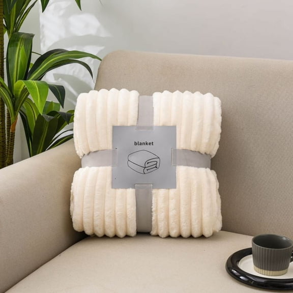 Fluffy Blanket for Couch Soft Luxury Faux Rabbit Fur Throw Blanket Cozy Fuzzy Plush Bubble Blanket Thick Warm Decorative Blanket for Bed, Sofa (Queen Size 90''x90'', Cream White)