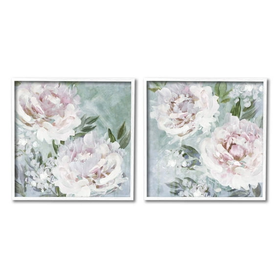 Fluffy Blooming Peonies Nature Botanical & Floral Graphic Art White Framed Art Print Wall Art, Set of 2