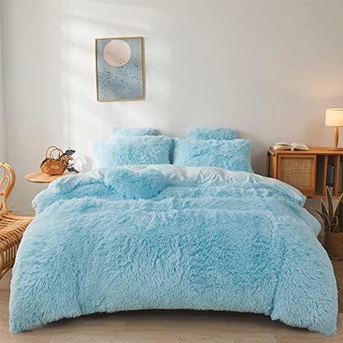 Fluffy Blue Comforter Cover Set Queen - Ultra Soft Plush Blue Bedding Sets 3 Pieces (1 Faux Fur Duvet Cover + 2 Faux Fur Pillow case) Bed Set Queen