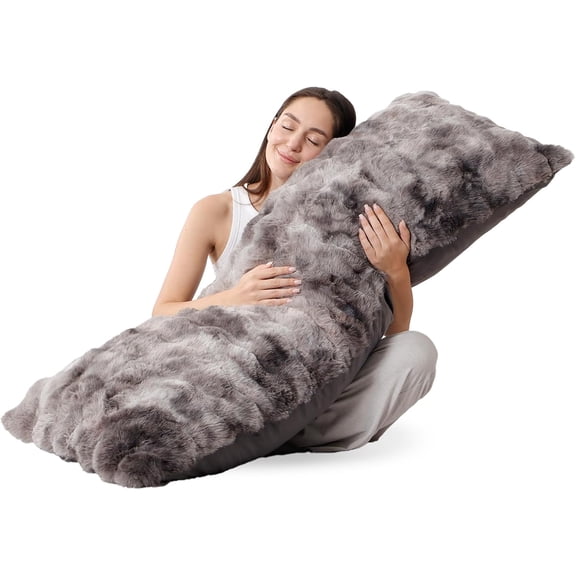 Fluffy Body Pillow for Adults, Fuzzy Faux Rabbit Fur with Shredded Memory Foam, Adjustable Support Side Sleepers, Pregnancy & Bedding Decor, 20x54 Inch, Grey