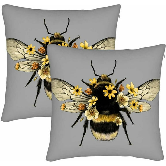 Fluffy Bumblebee with Wings Throw Pillow Cover Set of 2 Cases Sketch Fly Insect Yellow Flower Summer Biology Entomology Outdoor Decor Pillowcase Home Square 18x18 Inch Pillow Slip