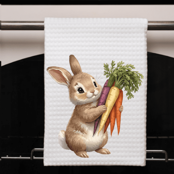Fluffy Bunny Carrot Dish Towel Cute Rabbit Kitchen Decor 16x24 Waffle Weave, 1 Count