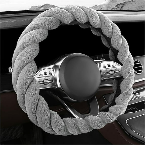 Fluffy Car Steering Wheel Cover, 15 Inches Anti-Slip Round Fuzzy Winter Steering Wheel Protector, Soft Warm Plush Steering Wheel Cover for Women Girls, Car Accessories (Gray, D-Shaped)