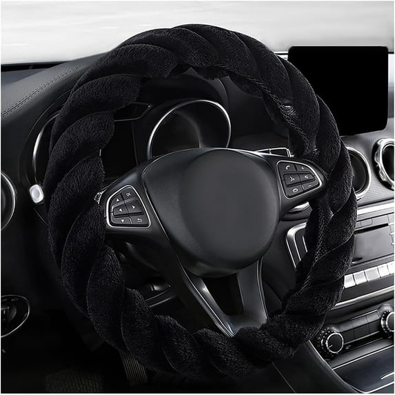 Fluffy Car Steering Wheel Cover, 15 Inches Anti-Slip Round Fuzzy Winter Steering Wheel Protector, Soft Warm Plush Steering Wheel Cover for Women Girls, Car Accessories (Black, Round)