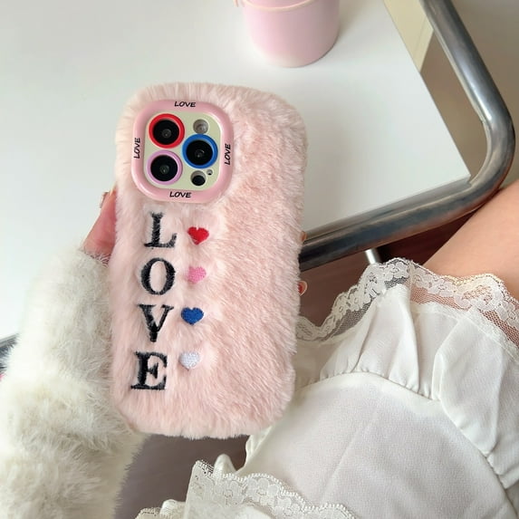 Fluffy Case for Apple iPhone 13, Girly Cute Faux Fur Cute Plush Furry Fuzzy Cover with Love Heart Shockproof Camera Lens Kickstand Protective Phone Case for Girls Women, Pink