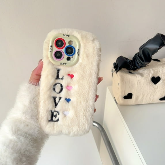 Fluffy Case for Apple iPhone 15 Pro Max, Girly Cute Faux Fur Cute Plush Furry Fuzzy Cover with Love Heart Shockproof Camera Lens Kickstand Protective Phone Case for Girls Women, White