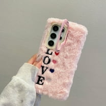 Fluffy Case for Samsung Galaxy S23 Ultra, Girly Cute Faux Fur Cute Plush Furry Fuzzy Cover with Love Heart Shockproof Camera Lens Kickstand Protective Phone Case for Girls Women, Pink