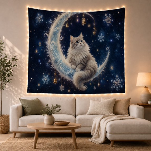 Fluffy Cat on Crescent Moon in Starry Night Sky, Whimsical Fantasy for Cat Lovers, Celestial Winter Wall Art, Christmas Gift Tapestry Wall Hanging for Living Room and Bedroom