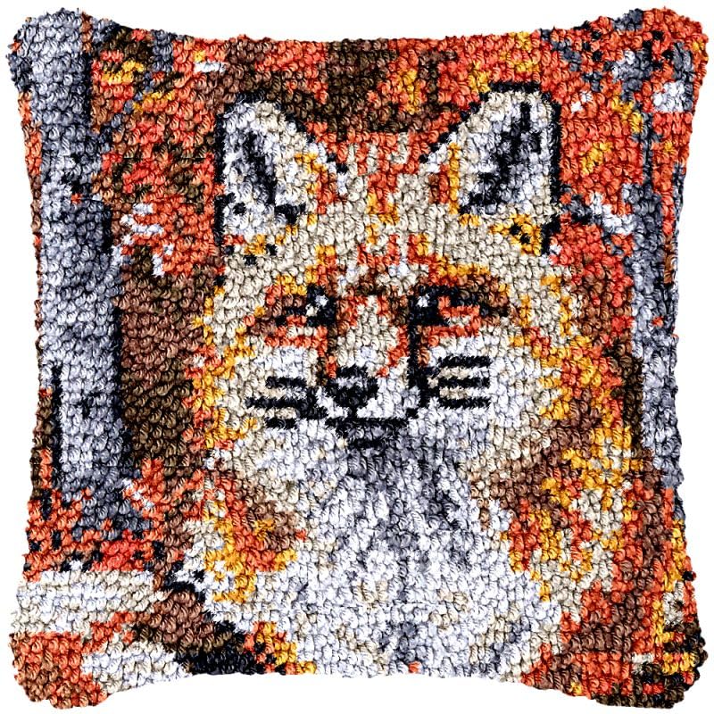 Fluffy Cat Kitten Latch Hook Pillow Cover Kits for DIY Handmade Throw Pillow Cross Stitch Latch Hook Pillowcase Rug Kits with Preprinted Color Pattern Canvas Crochet Yarn Kits 17''X 17''(ch73)
