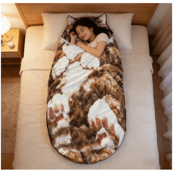 Fluffy Cat Sleeping Bag, Adult Soft Sleeping Bags, Adult-Size Wearable Blanket with Super Soft & Warm Design, Plush Cat Envelope Sleeping Bag for Camping, Sleepovers Lounging, 68.9" x 31.5" (D)