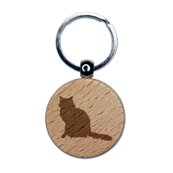 Fluffy Cat Solid Round Keychain Charm Tag - Engraved Wood