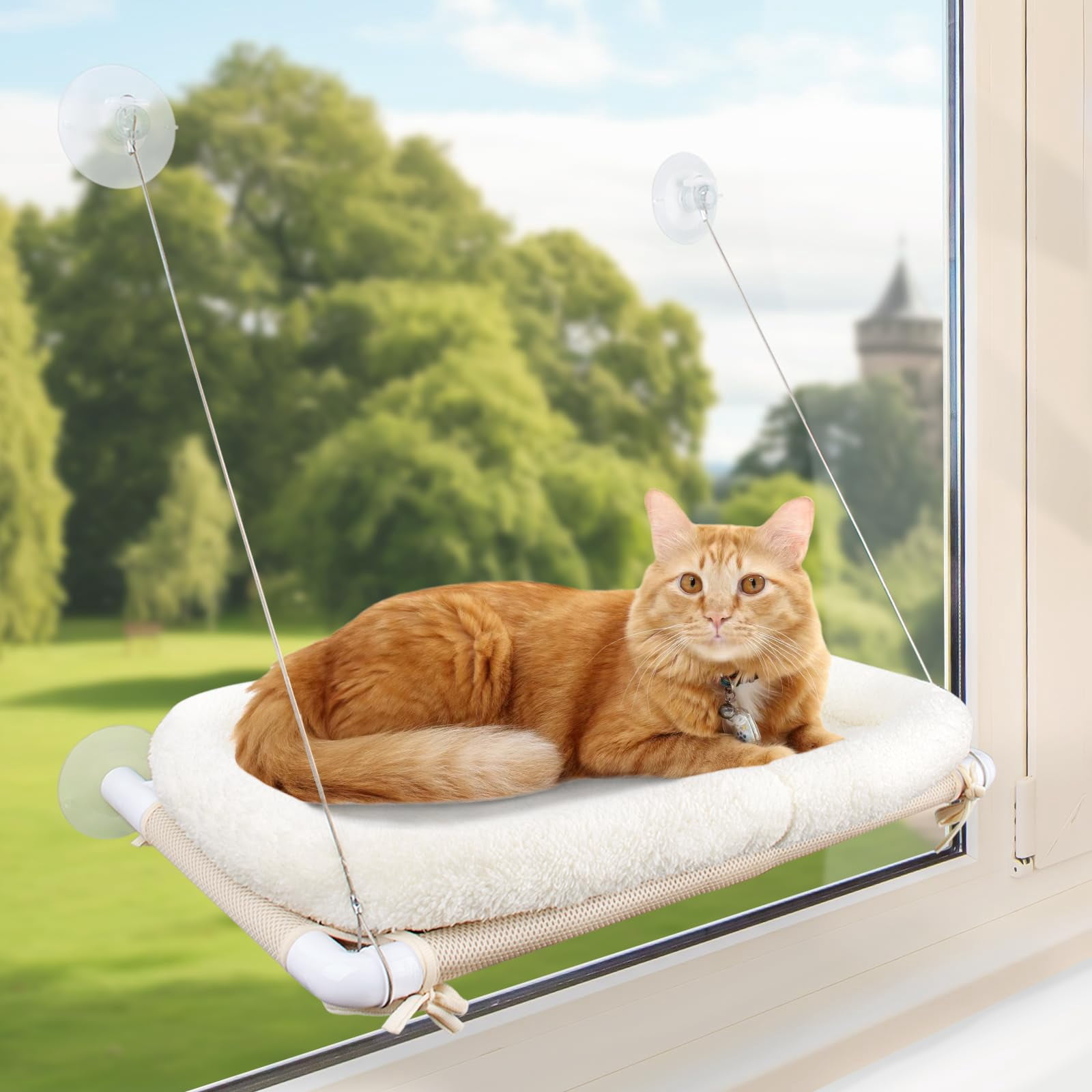 Fluffy Cat Window Bed For Indoor Cats - Strong Suction Cup Hammock With Breathable Mesh And Soft Cushion  Supports Large