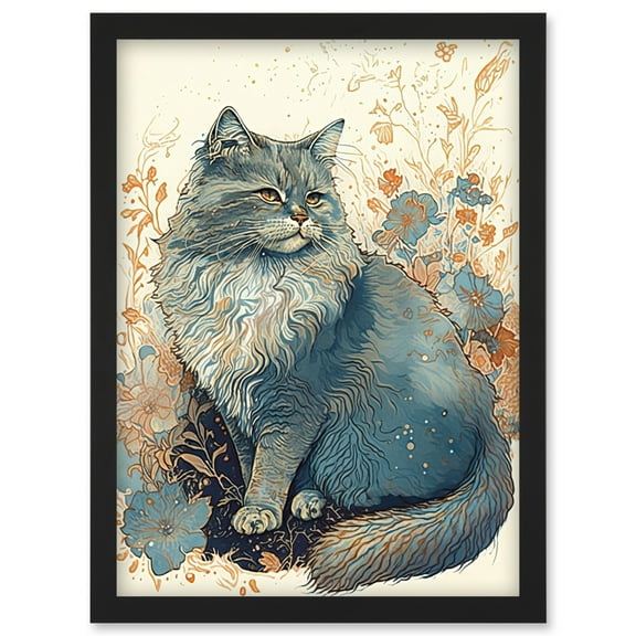 Fluffy Cat in Wildflowers Teal and Orange Watercolour Illustration Artwork Framed Wall Art Print A4