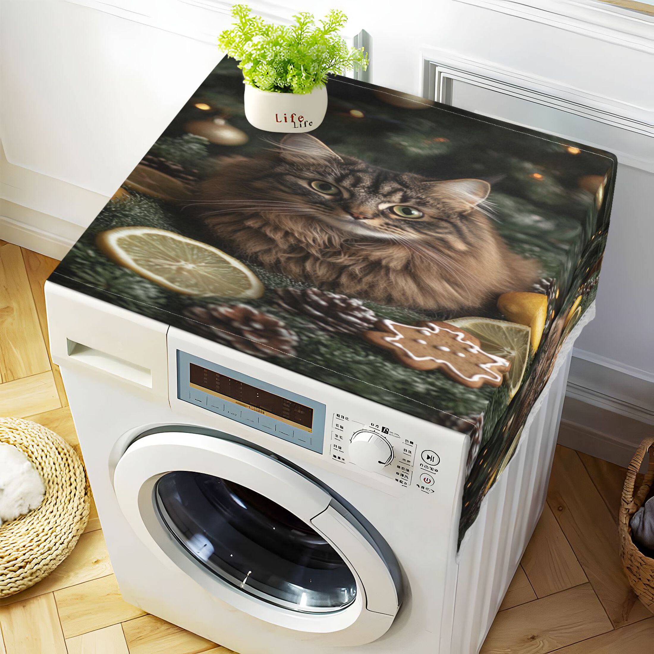 A Fluffy CatWasher and Dryer Covers Dust-Proof and Oil Resistant Fridge Cover with 4 Storage Pockets Washing Machine Top Cover for Laundry Kitchen Home 51.2 x 22 In