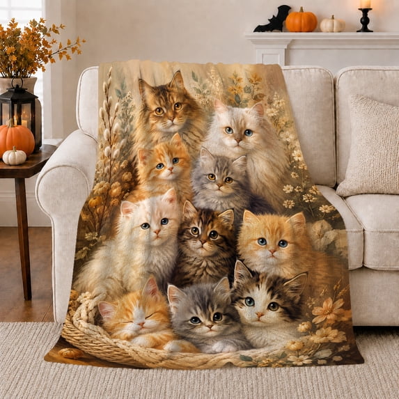 Fluffy Cats and Kittens in Basket, Soft Painterly Style for Cat Lovers, Cozy Autumn Flora Scene, Flannel Blanket for Living Room and Bedroom, Birthday Gift and Cat Home Decor