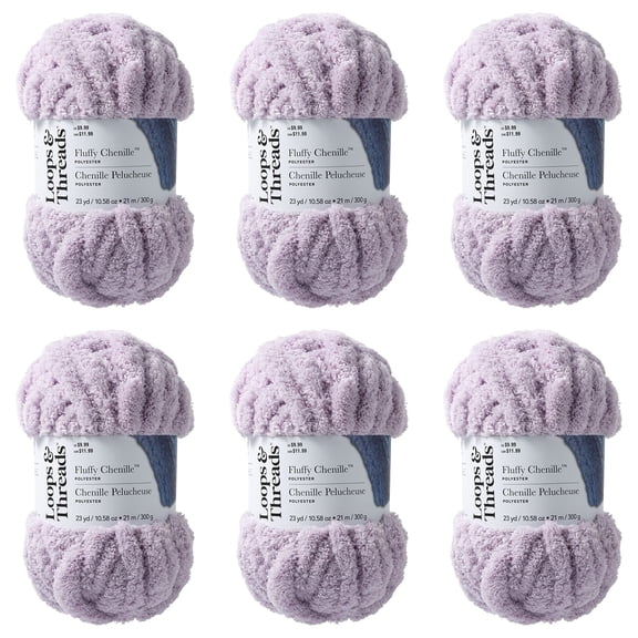 Loops & Threads Fluffy Chenille Yarn - Jumbo (7) 100% Polyester, Soft Fuzzy Yarn for Knitting & Crochet Blankets, Hats, Plushies & Sweaters, 23 yd / 10.58 oz Skein, 6 Pack