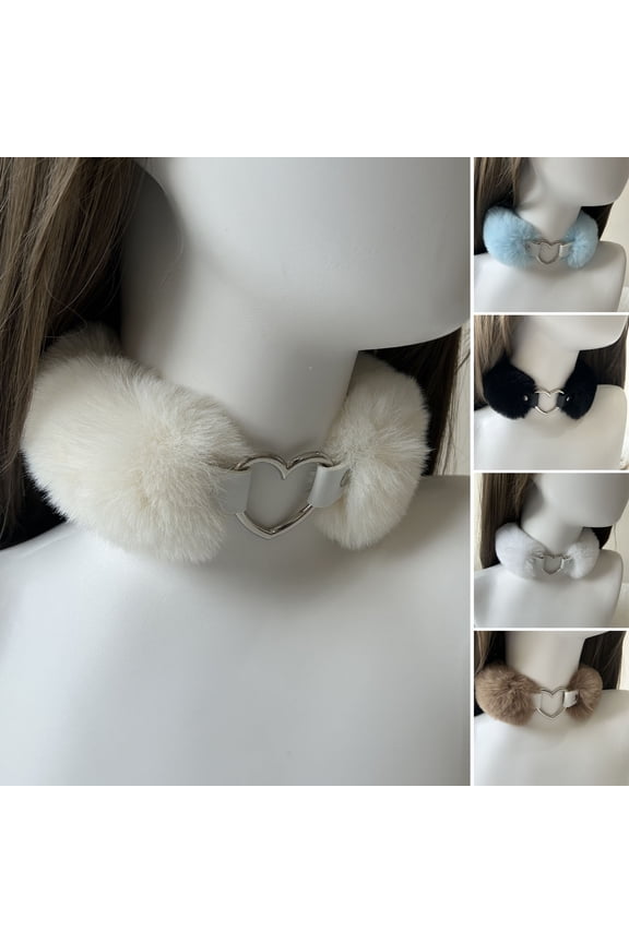 Fluffy Choker Collar Detachable Fuzzy Necklace Alloy Heart Faux Fur Choker Necklace for Women Men Daily Wear Date Parties