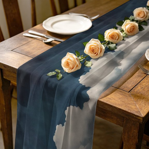 Fluffy Clouds 10 ft Cheesecloth Table Runner for Wedding 27"x120", Dark Sky Abstract Nature Kitchen Dinner Sheer Tulle Chiffon Dresser Scarf, Holiday Party Decorations