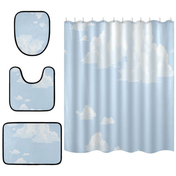 Fluffy Clouds 4 Piece Bathroom Set Waterproof Bath Curtain Anti-Slip Mats and Toilet Pad Practical and Affordable 66x72in Curtain