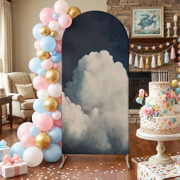 Fluffy Clouds Arch Backdrop Covers 4 FT, Dark Sky Abstract Nature Stretchy Fitted Arched Stand Covers Party Arch Stand Cover Photo Booth for Wedding Birthday Decor